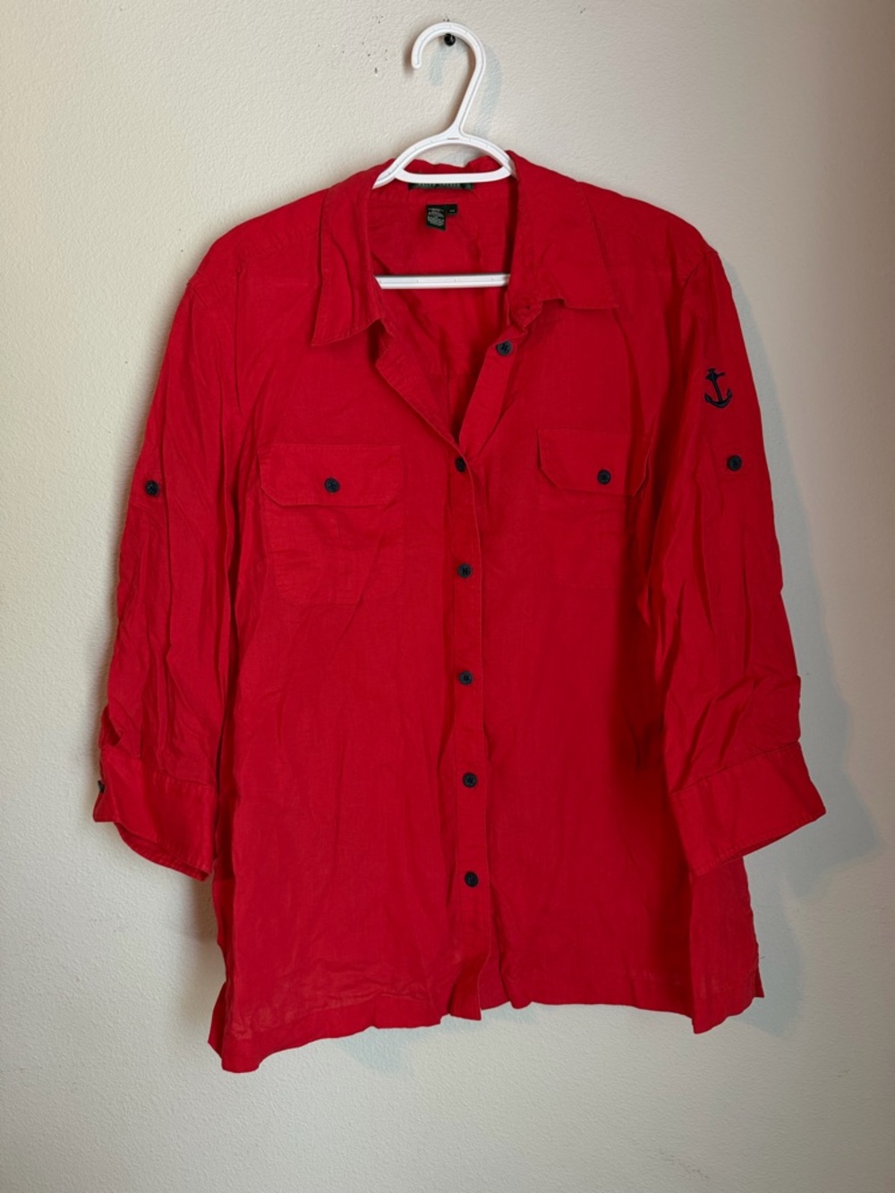 Women’s LAUREN RALPH LAUREN Top Button Up Blouse 2X 100% Linen Nautical Coastal